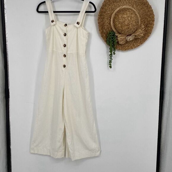 Topshop UK Linen Blend Jumpsuit‎ Romper Wide Leg Cropped  Boho Cream Size US 4 - Picture 2 of 13